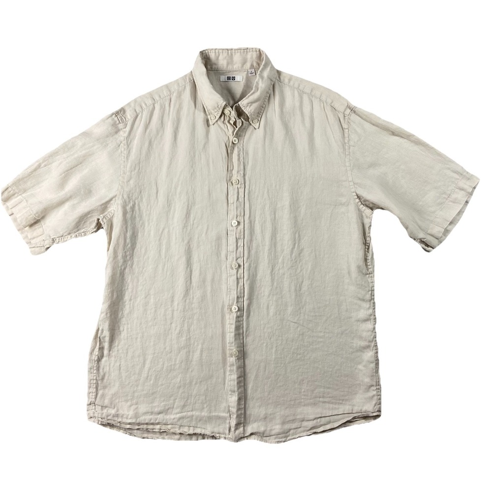 Uniqulo 100% Linen Short Sleeve Button Up Shirt Beige Men's L Beach Resort Wear